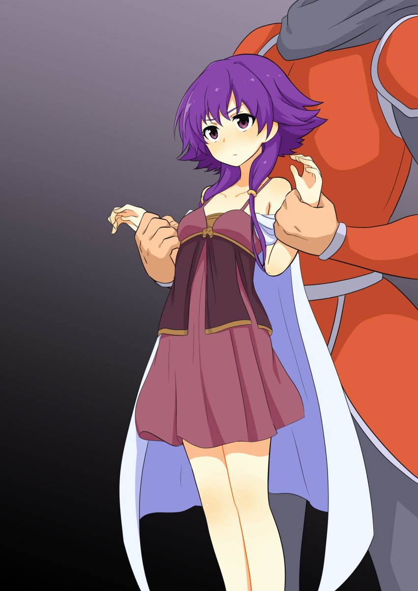 1girls angry arm_grab bare_legs breasts cape captured dress femsub fire_emblem fire_emblem:_the_sacred_stones frown lukeskytera lute_(fire_emblem) maledom medium_hair nintendo purple_eyes purple_hair restrained small_breasts solo_focus