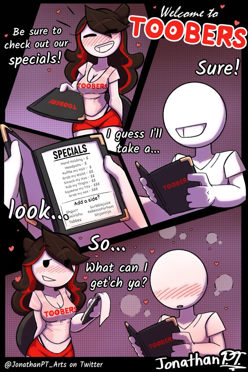 1girls 1male accurate_art_style alternate_clothing alternate_hairstyle anon bedroom_eyes blush brown_hair color comic dialogue english_text heart_shape hooters hooters_(parody) jaiden jaiden_animations jonathanpt long_hair menu pricelist prostitution roleplay short_pants signature special text toobers white_shirt white_skin youtube