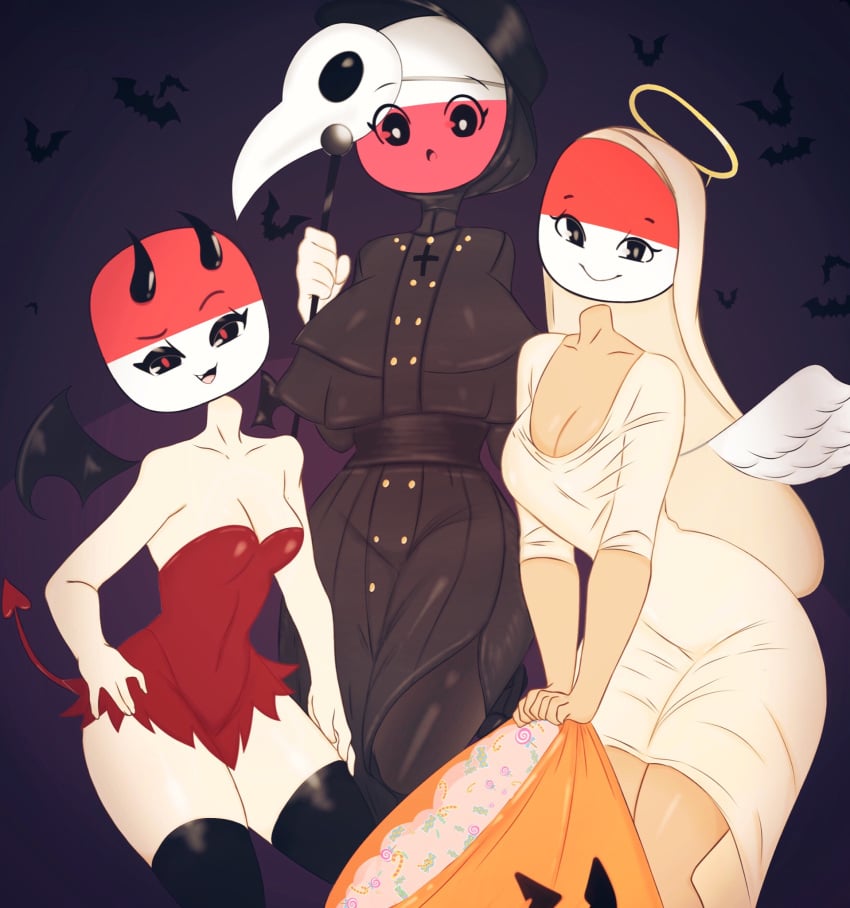 3girls angel bat big_breasts candy costume countryhumans countryhumans_girl dark_background devil_horns devil_outfit female female_only flawsy halloween halloween_costume halo holding_sack indonesia indonesia_(countryhumans) light-skinned_female medium_breasts monaco_(countryhumans) nun_outfit plague_doctor poland_(countryhumans) size_difference small_breasts smile wide_hips wings