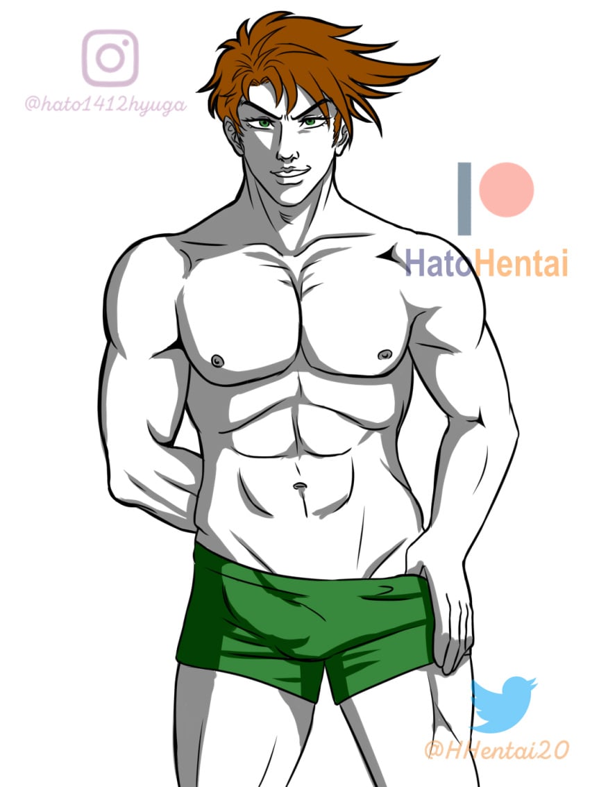 1boy battle_tendency boxers_(clothing) brown_hair eye_contact green_eyes hhentai20 jojo's_bizarre_adventure joseph_joestar male_only muscular muscular_male sketch underwear