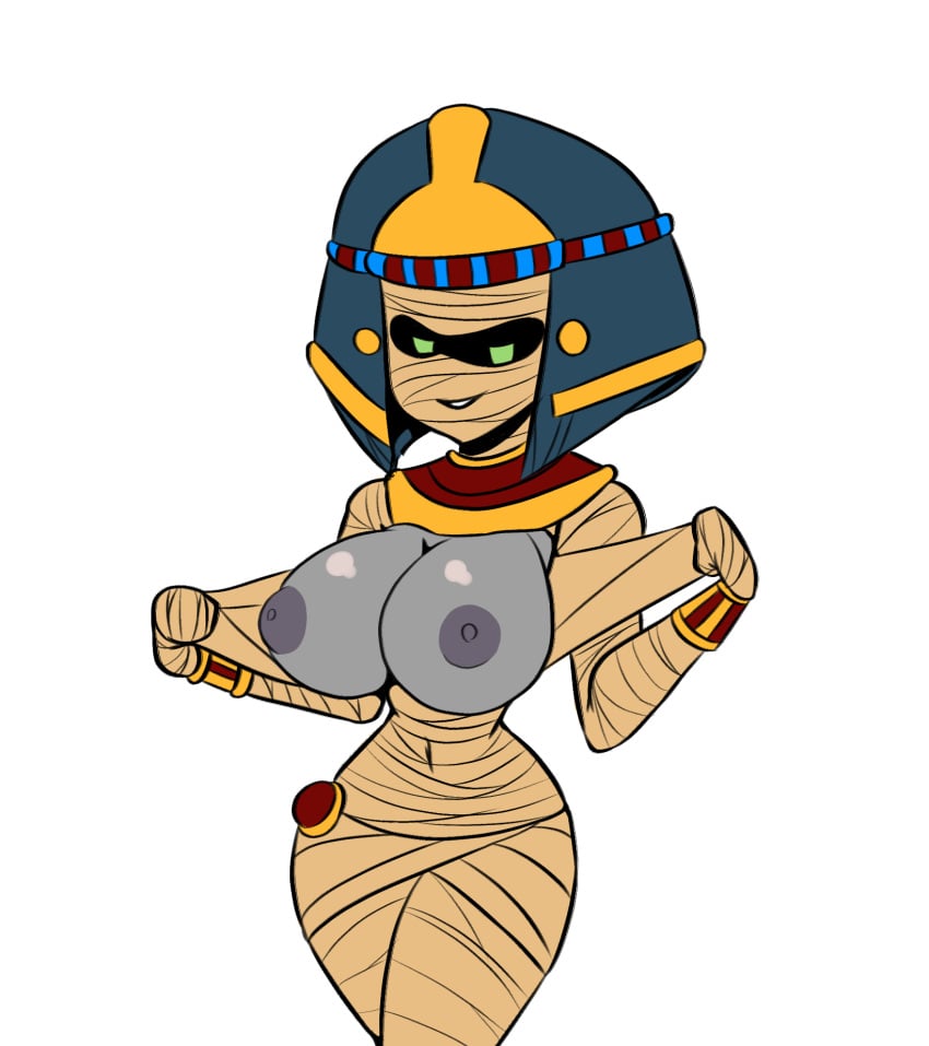 1girls 2021 bandages big_breasts cute egyptian egyptian_clothes egyptian_clothing female female_mummy flashing flashing_breasts green_eyes grey_skin hotel_transylvania iggy-bomb looking_at_viewer mummy tagme white_background