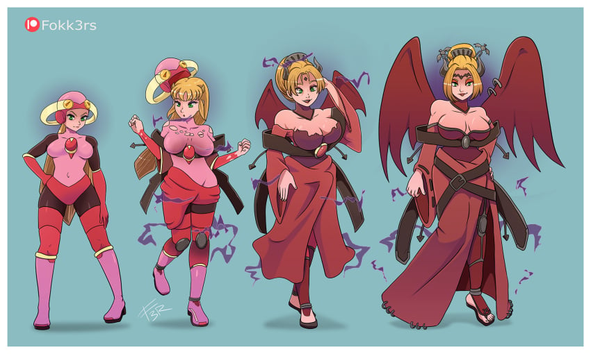 1girls alternate_color belt blonde_hair breast_expansion breasts cleavage clothed corruption crossover digimon digimon_(species) dress eyeshadow female female_only fokk3rs forehead_mark green_eyes hand_on_hip horns identity_death large_breasts lilithmon lipstick looking_at_viewer mega_man mega_man_battle_network red_dress roll.exe seven_great_demon_lords smile smirk succubus tight_clothing transformation transformation_sequence wings