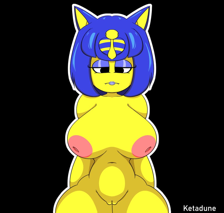 1girls animal_crossing ankha ankha_(animal_crossing) annoyed anthro areola big_breasts blue_hair bored breasts cat_ears cat_humanoid catgirl disappointed eyelashes eyeshadow fangs feline female female_only hourglass_figure ketadune lipstick looking_at_viewer looking_down naked nintendo pink_nipples purple_eyeshadow purple_lipstick thighs vagina voluptuous yellow_body yellow_fur