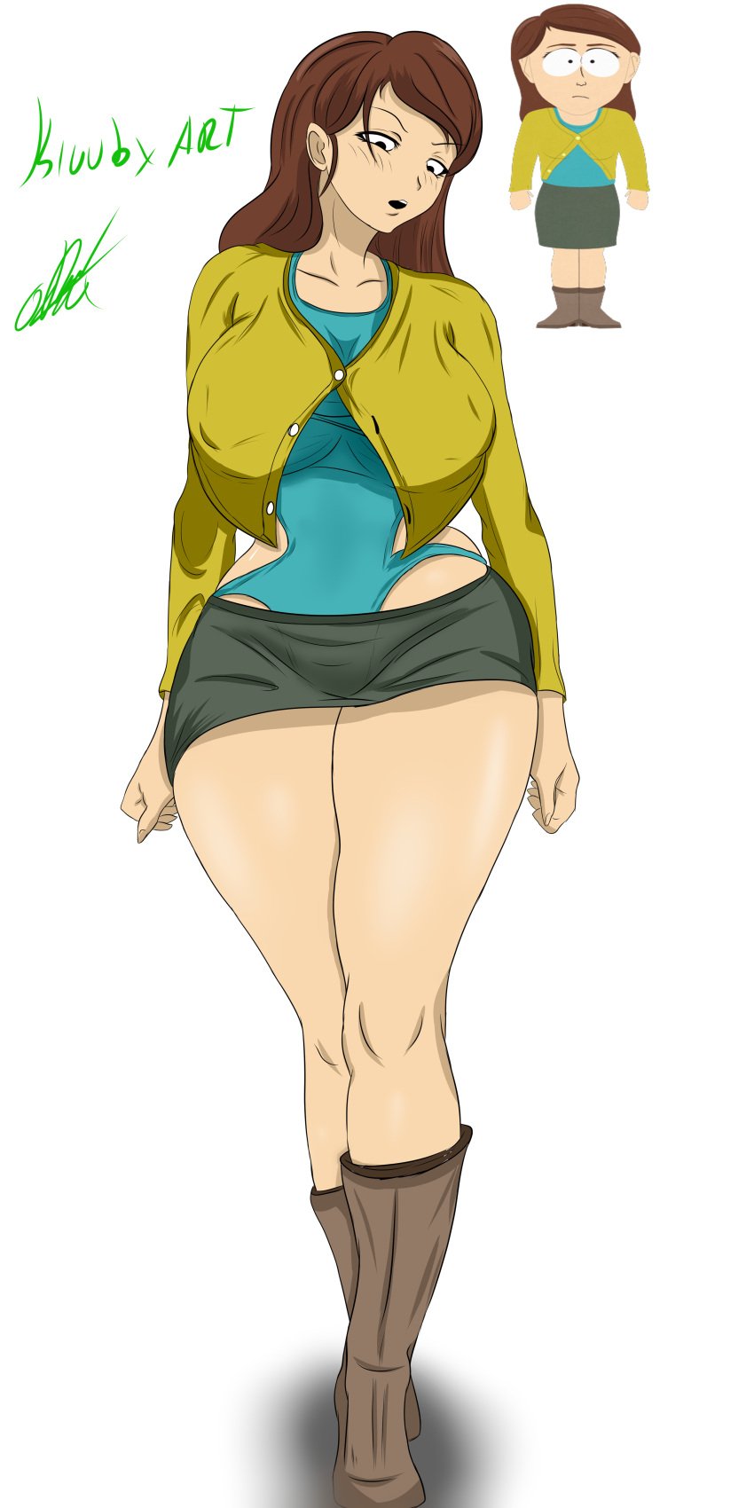 1girls blue_shirt breasts brown_boots brown_hair female feminine green_skirt legs long_hair miniskirt nelly's_mother nelly’s_mom south_park tagme thick_thighs thighs white_background yellow_jacket