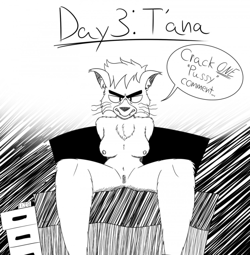 2021 alien anthro arms_behind_back breasts caitian_(species) catober character_name dr._t'ana english_text eye_bags fangs felid feline furry himitsushere humanoid inner_ear_fluff looking_at_viewer mammal monochrome navel nipples nude sitting snaggle_tooth speech_bubble spread_legs star_trek star_trek_lower_decks tuft vulva whiskers