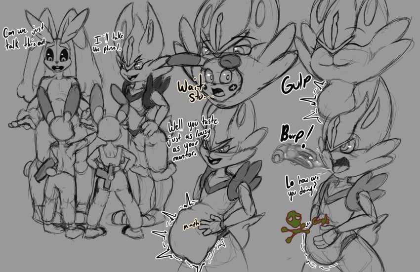 anthro burping burping_up_clothes cinderace digestion female group hi_res lagomorph leporid lopunny male male/female mammal melancholicmash minun nintendo oral_vore plusle pokémon_(species) pokemon pokemon_(species) rabbit shortstack size_difference video_games vore