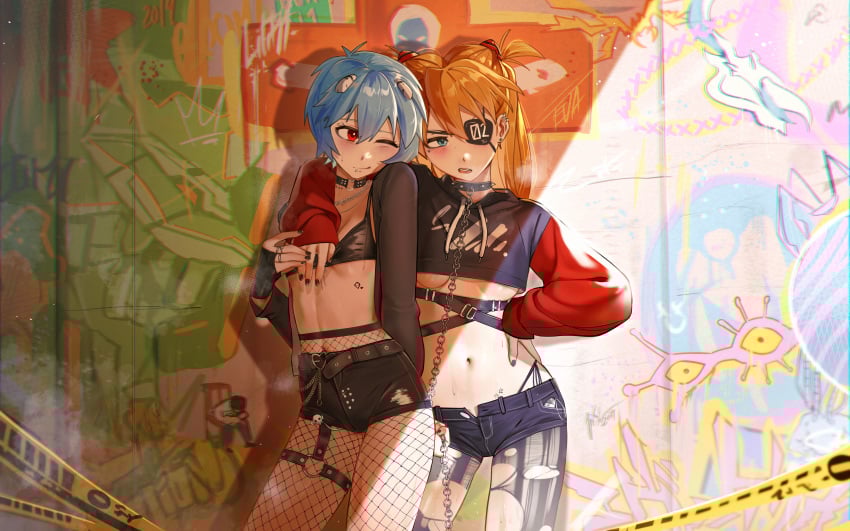 2girls asuka_langley_sohryu black_nail_polish black_nails blue_eyes blue_hair blush chain_leash choker collar eyepatch female female_only fishnet_legwear fishnet_pantyhose fishnets graffiti hair_ornament heart_choker heart_collar heart_tattoo leash leash_and_collar navel navel_piercing neon_genesis_evangelion one_eye_closed orange_hair painted_nails pierced_ears piercing red_eyes rei_ayanami spiked_collar sweat tattoo tattoo_under_eye the_end_of_evangelion torn_clothes torn_legwear underboob waligner