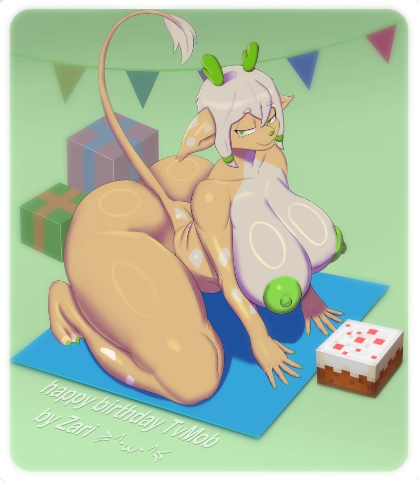 5_fingers absurd_res all_fours anthro areola ass big_breasts big_butt birthday breasts cake carpet dessert dragon english_text female fingers food gift glistening glistening_body green_areola green_eyes green_horn green_nipples hair hi_res horn huge_breasts kneeling looking_at_viewer microsoft minecraft mojang multicolored_body mythological_creature mythological_scalie mythology nipples party pivoted_ears presenting scalie seductive smug solo tail text thick_thighs tvmob vicky_(tvmob) white_hair wide_hips xbox_game_studios zariorwen