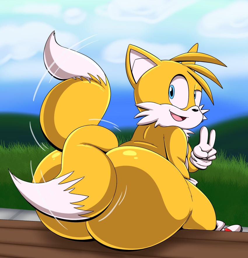 absurd_res anthro ass bench big_ass bubble_butt canid canine clothing footwear footwear_only fox gesture gloves hand_gesture handwear hi_res looking_at_viewer looking_back male male_only mammal miles_prower miles_tails_prower mostly_nude on_bench outside sega shoes shoes_only sitting sitting_on_bench solo sonic_(series) sonic_the_hedgehog_(series) swishing_tail tails tails_the_fox tepigfan101 v_sign