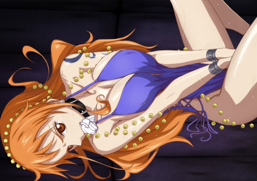 2d 2d_(artwork) captured captured_heroine collar dress female female_focus female_only femsub from_side gag gagged helpless helpless_female helpless_girl kyabakurabakufu legs_apart legs_up light-skinned_female light_skin long_hair looking_at_viewer nami_(one_piece) on_back on_floor one_piece orange_hair sexy slave_collar solo solo_female solo_focus tattoo tattooed_arm thick_thighs thighs