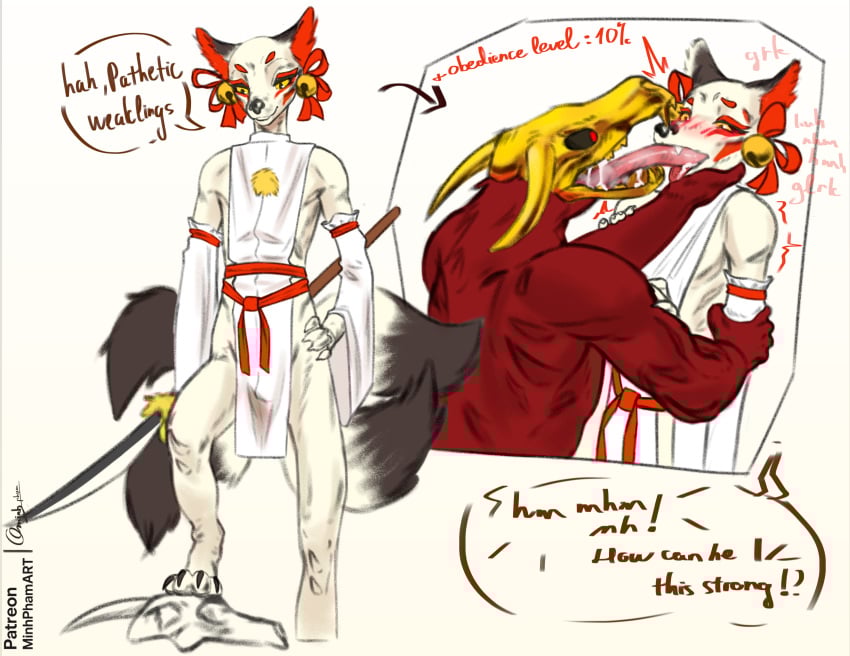 absurd_res anthro bovid canid canine caprine caprine_demon clothing demon duo fox fox_spirit goat_demon hi_res kick licking male male/male mammal mbt tongue tongue_out