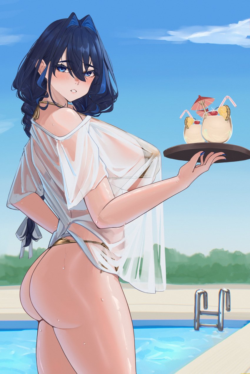 absurdres alternate_costume ass bare_shoulders bikini blue-tinted_eyewear blue_eyes blue_hair blue_nails blue_sky braid breasts breasts_squeezed_together cleavage collarbone eipanguino embroidered_dress eyewear_on_head female from_side gold_bikini golden_week hair_intakes highres hololive hololive_english hololive_english_-council- hololive_english_-promise- huge_breasts large_breasts long_hair looking_at_viewer low_twin_braids navel nervous_sweating official_alternate_hairstyle ouro_kronii pool pool_ladder poolside satin_bikini see-through_cleavage see-through_clothes see-through_shirt see-through_sleeves shiny_swimsuit shirt simple_background sky solo stomach sunglasses sweat swimsuit thick_thighs thighs tinted_eyewear tray twin_braids virtual_youtuber water