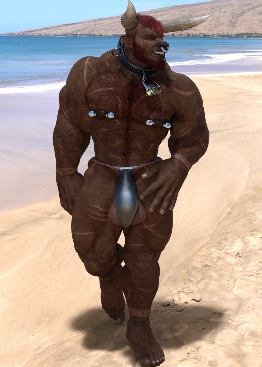 2_horns 3d_(artwork) 5_toes abs absurd_res anthro barbas_thornhide barbas_thornhide_(character) barbell_piercing barely_contained barely_contained_balls beach beard biceps black_clothing black_thong black_underwear bovid bovine brown_body brown_eyes brown_fur cattle cheek_scar chest_tuft clothed clothing cowbell_collar deltoids digital_media_(artwork) facial_hair facial_piercing facial_scar feet fur hair hi_res horn leg_scar male mammal mountain muscular muscular_anthro muscular_male muscular_thighs nipple_barbell nipple_piercing nipples nose_piercing nose_ring pecs piercing red_hair ring_piercing sand scar scars_all_over sea septum_piercing septum_ring shoulder_scar smile solo thigh_scar thong toes topless tuft underwear walking water wave
