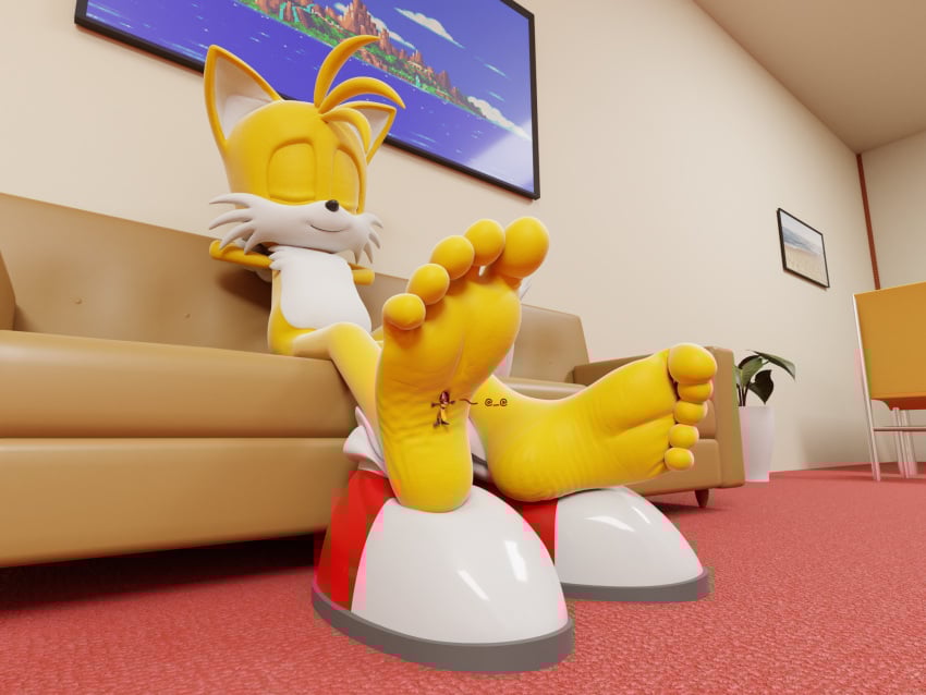 3d_(artwork) 4:3 5_toes anthro barefoot canid canine digital_media_(artwork) duo feet feetymcfoot female foot_fetish foot_focus foot_play fox hi_res humanoid_feet katherine_(cgbro) male male/female male_feet mammal micro plantigrade sega soles sonic_(series) sonic_the_hedgehog_(series) stuck_to_foot tails tails_the_fox toes