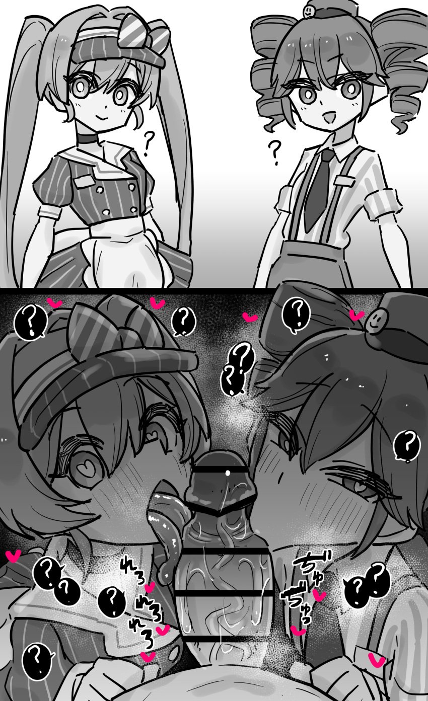 1boy 2d 2d_(artwork) 2girls :>= black_and_white blowjob blowjob_face censored censored_penis clothed clothed_female clothed_female_nude_male clothing cooperative_fellatio fellatio female female_focus greyscale hat hatsune_miku heart heart-shaped_pupils heart_symbol hearts_around_head huge_cock hypnosis kasane_teto kasane_teto_(sv) licking licking_penis male mesmerizer_(vocaloid) mesmerizer_miku mesmerizer_teto nude nude_male oral oral_sex penis question_mark questionable_consent reloco straight twin_drills twintails