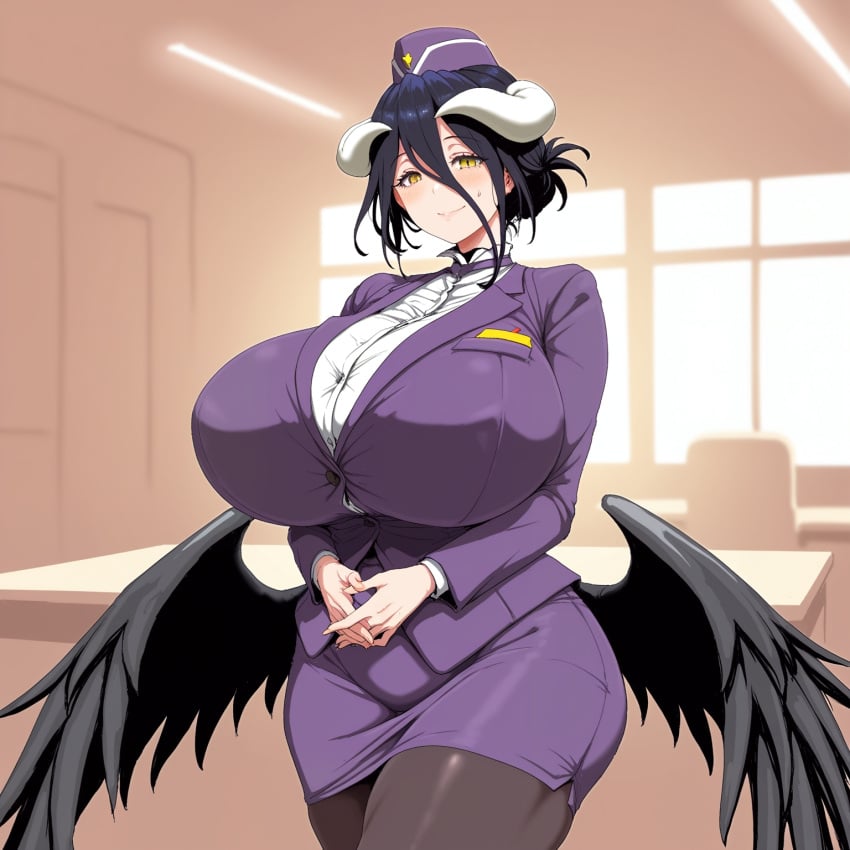 ai_generated albedo_(overlord) black_hair black_pantyhose blush breasts curvy desk female formal gigantic_breasts horns huge_breasts indoors jacket long_sleeves looking_at_viewer low_wings mature_female mini_wings office office_lady overlord_(maruyama) own_hands_together pantyhose pencil_skirt purple_skirt shirt short_hair skirt skirt_suit smile solo standing suit thick_thighs travel_attendant wide_hips window yellow_eyes