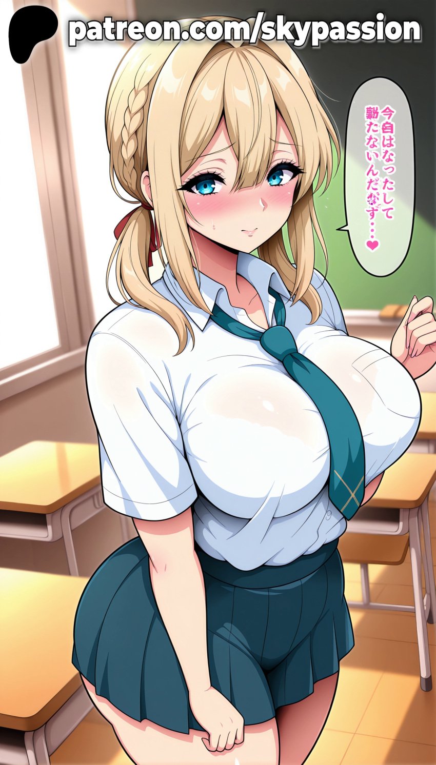 1girls 2025 ai_assisted ai_generated anime artist_name bangs big_breasts big_chest blonde_hair blue_eyes blush bra bra_visible_through_clothes braid breasts bust busty chair chalkboard chest classroom clothed_female desk female female_focus female_only hair_between_eyes hair_ribbon hi_res high_quality high_resolution highres indoors large_breasts miniskirt necktie on_desk patreon patreon_username pleated_skirt ribbon school_chair school_desk school_uniform see-through shirt sitting sitting_on_desk skirt skypassion solo speech_bubble stable_diffusion table thighs underwear violet_evergarden violet_evergarden_(character) watermark white_shirt window