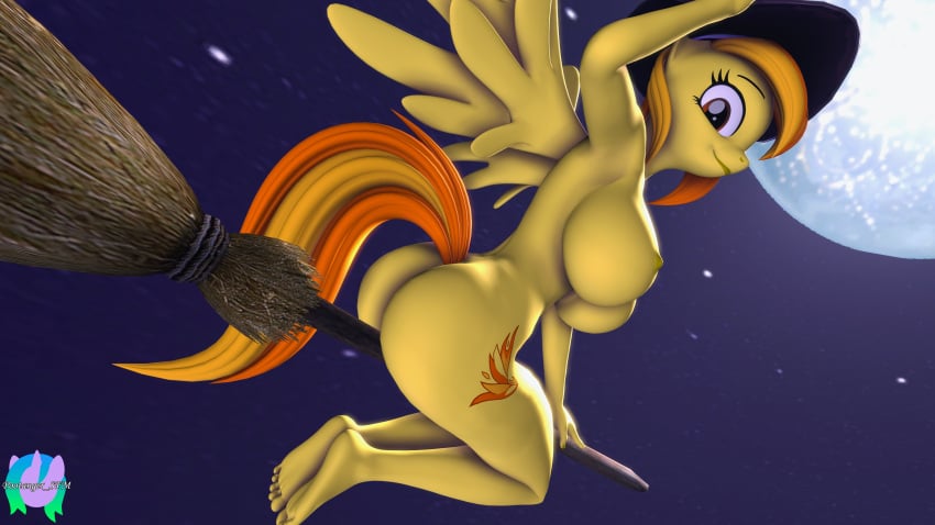 16:9 3d 4k 5_toes absurd_res anthro anthrofied ass big_breasts breasts broom broom_riding cleaning_tool clothing cutie_mark digital_media_(artwork) equid equine eyebrows eyelashes feathered_wings feathers feet female fingers flying friendship_is_magic halloween hasbro hat headgear headwear hi_res holidays humanoid_feet lips looking_at_viewer looking_back looking_back_at_viewer magic_user mammal moon my_little_pony mythological_creature mythological_equine mythology night nipples orange_eyes orange_hair orange_tail pegasus plantigrade pootanger_sfm smile solo source_filmmaker_(artwork) spitfire_(mlp) tail toes widescreen wings witch witch_hat wonderbolts_(mlp) yellow_body yellow_feathers yellow_skin