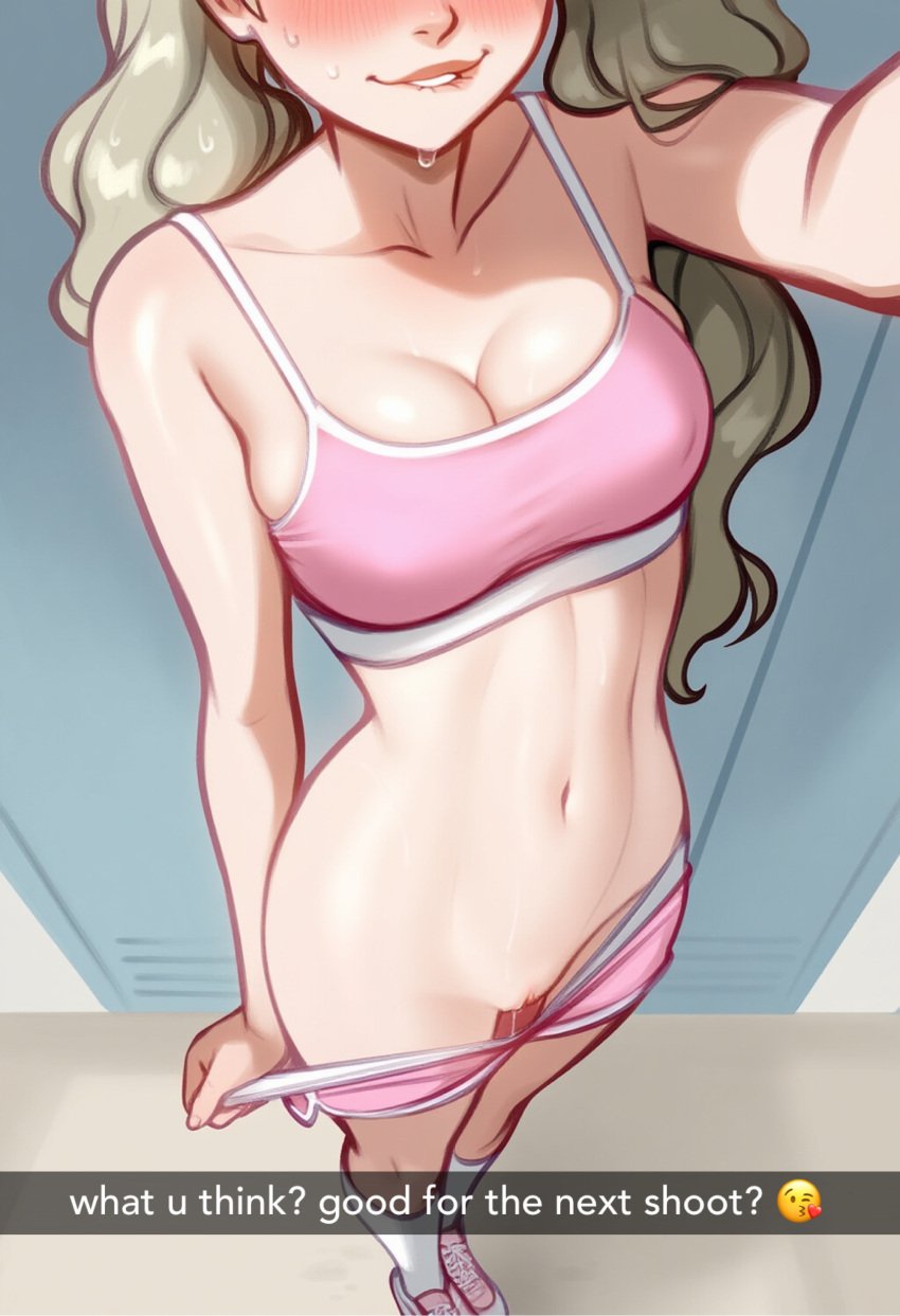 1girls ai_generated ann_takamaki atlus blonde_female blonde_hair clothed crimsoncurse face_out_of_frame female female female_only head_out_of_frame indoors legs lips locker_room navel partially_nude persona persona_5 persona_5_royal pink_bra pink_shorts pussy pussy_juice revealing_pussy selfie shorts shorts_down shorts_pull showing_off snapchat socks sports_bra sweat text text_box