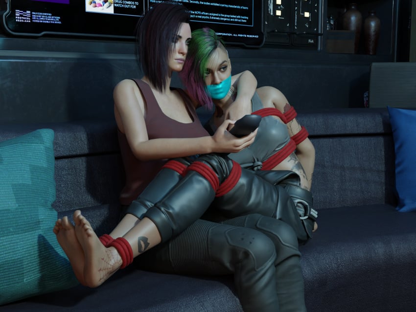 2girls 3d blender bondage clothed cyberpunk_(series) cyberpunk_2077 feet female femdom gag gagged judy_alvarez lezdom lezsub rope tape_gag taped_mouth theblendertaper v_(cyberpunk_2077) watching_tv