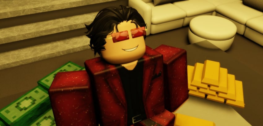 1boy 1girls 3d breasts clothed_male eyewear gold_(metal) gold_bar lestialrr34 looking_up reflection reflection_in_glasses roblox roblox_avatar robloxian robux sunglasses tagme