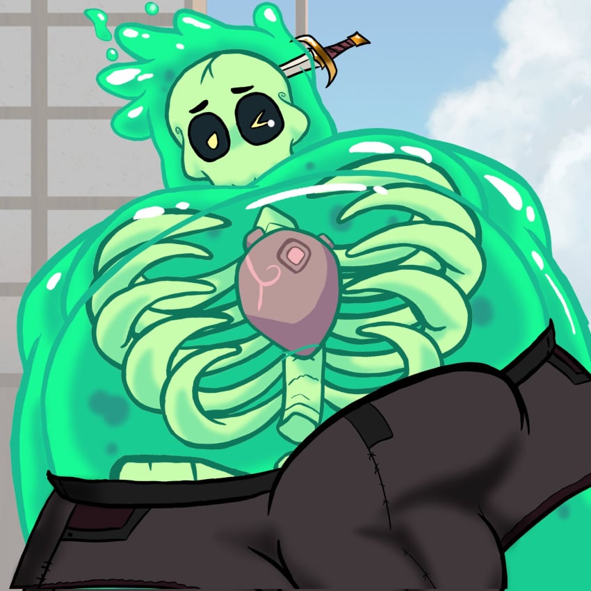 1boy anthro arms_behind_back balls belly big_belly bottomwear boxers bulge chubby chubby_male dagger doug_(monster_prom) doug_campbell erection focus heart katokato_art male male_only monster monster_boy monster_con monster_prom moobs penis shorts skull slime slime_boy slime_monster solo_male teal_body topless translucent translucent_body viewed_from_below wink