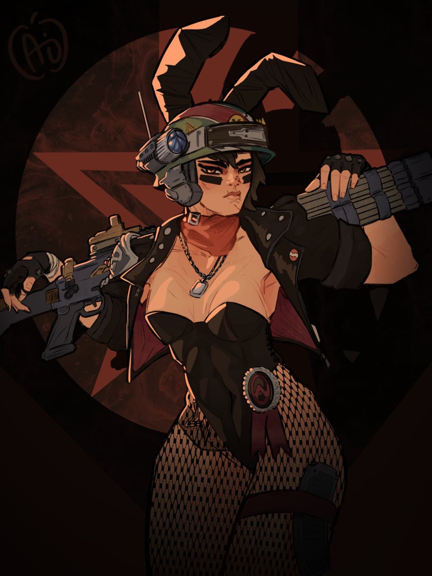 1girls applesauce_jack bandana borderlands borderlands_3 brown_hair bunnysuit clothes dogtags facepaint female fingerless_gloves fishnet_legwear gun helmet leather_jacket looking_at_viewer moze_(borderlands) tattoo