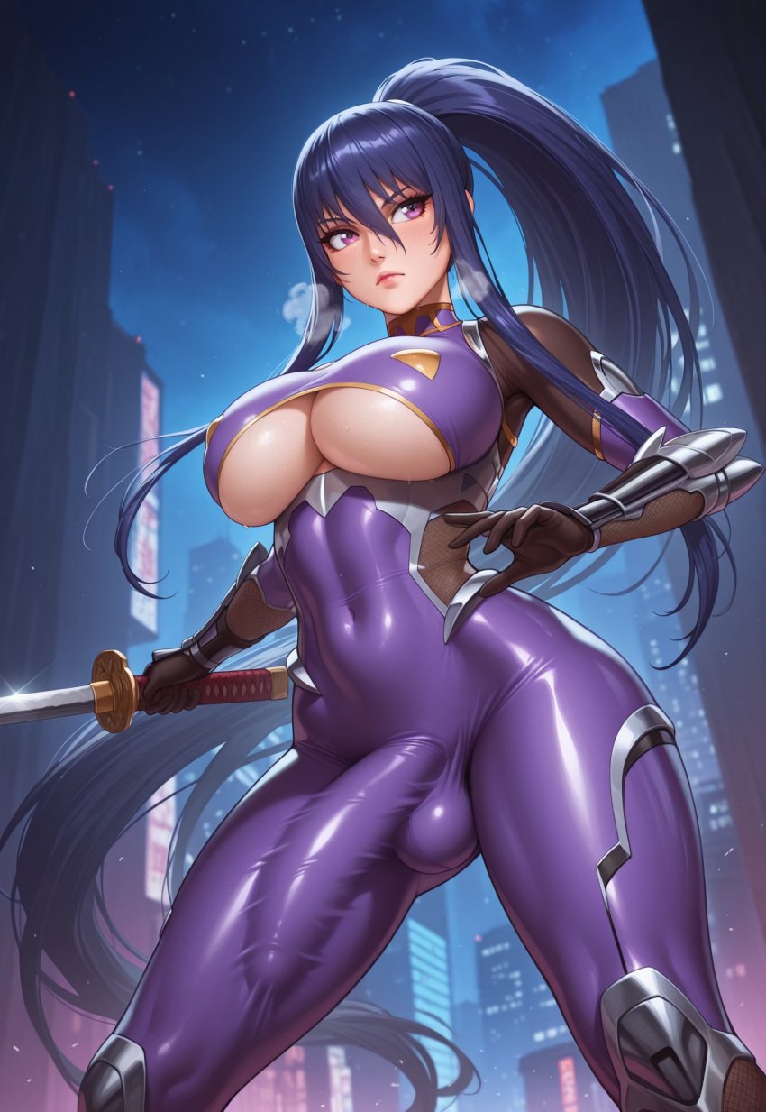 1futa 2d ai_generated akiyama_rinko ass_visible_through_thighs bangs big_breasts blue_hair bodysuit breasts building bulge city cityscape civitai closed_mouth clothing_cutout covered_navel erection erection_under_clothes futanari gloves hair_between_eyes high_ponytail holding holding_sword holding_weapon huge_cock impossible_bodysuit impossible_clothes large_breasts large_penis legs_apart lips long_hair night night_sky ninja outdoors penis penis_shaped_bulge ponytail purple_bodysuit purple_eyes santopati self_upload shiny shiny_clothes shiny_hair sidelocks skin_tight sky skyscraper solo standing sword taimanin_(series) taimanin_suit uncensored underboob very_long_hair weapon