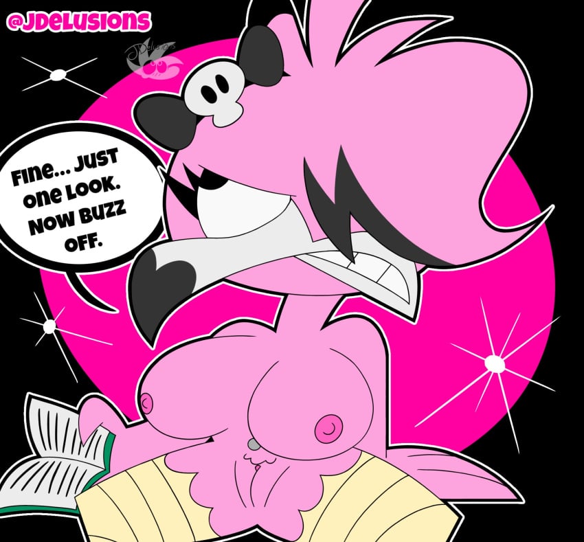 2025 annoyed anthro avian beak big_breasts bird black_eyes book book_and_boob bow_accessory bow_ribbon breasts dialogue digital_media_(artwork) english_text eyelashes eyeshadow female flamingo flamma genitals grey_eyeshadow hi_res holding_object huge_breasts jdone makeup meme navel navel_piercing nipples non-mammal_breasts non-mammal_nipples nude nude_anthro nude_female piercing pink_body pink_nipples pussy simple_background solo speech_bubble teeth text thick_thighs wide_hips