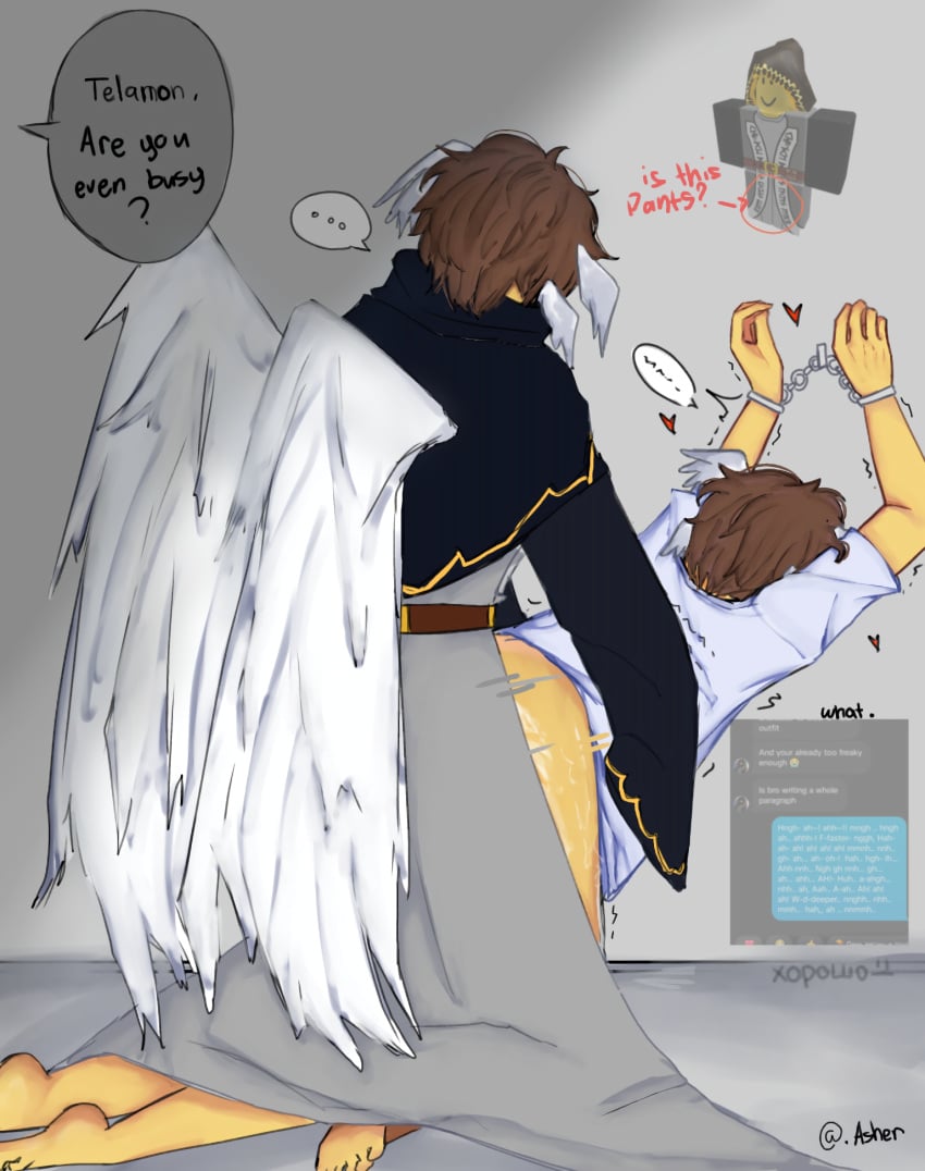 2boys anal anal_sex barefoot chained_wrists chains gay has head_wings hearts_around_body male mostly_clothed no_pants no_underwear robe roblox rough_sex self_upload selfcest sex shedletsky shirt telamon twitch_lines twitching wings wrist_cuffs yaoi