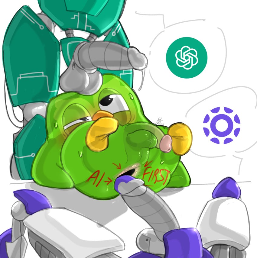 3boys artificial_intelligence avian balls_on_face beak before_anal before_sex big_penis bird blush blushing chatgpt cursed digital_media_(artwork) duo_(duolingo) duolingo erection eyes_half_open feet flaccid gay green_feathers green_penis hi_res humor ibispaintx joke_art looking_at_partner looking_pleasured looking_up male_only metallic_body mocking nerdyaddie owl paint_on_ass personification pink_anus pink_penis_tip precum robot_humanoid robot_joints robot_penis robotic_genitalia satire self_upload shiny shitpost small_balls small_penis smaller_male spread_legs sweating tagme taller_male threesome uncut wires wtf yaoi