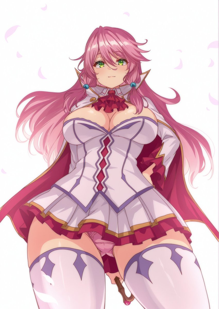 ai_generated big_breasts breasts flare_arlgrande_jioral kaifuku_jutsushi_no_yarinaoshi large_breasts looking_down pink_hair pink_panties pixai pixiv redo_of_healer shiokonbu_art_style thigh_highs thighs