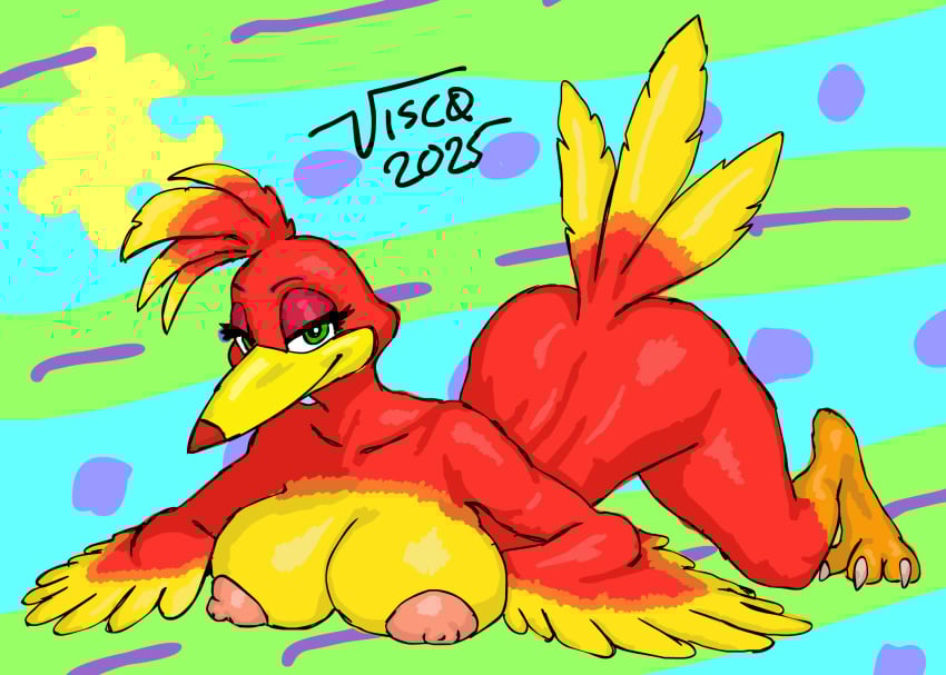 anthro anthropomorphic avian banjo-kazooie bird bird_feet bird_girl breasts breegull digital_media_(artwork) female female_only kazooie large_breasts looking_at_viewer pink_nipples red_feathers viscosisaurus_(artist)