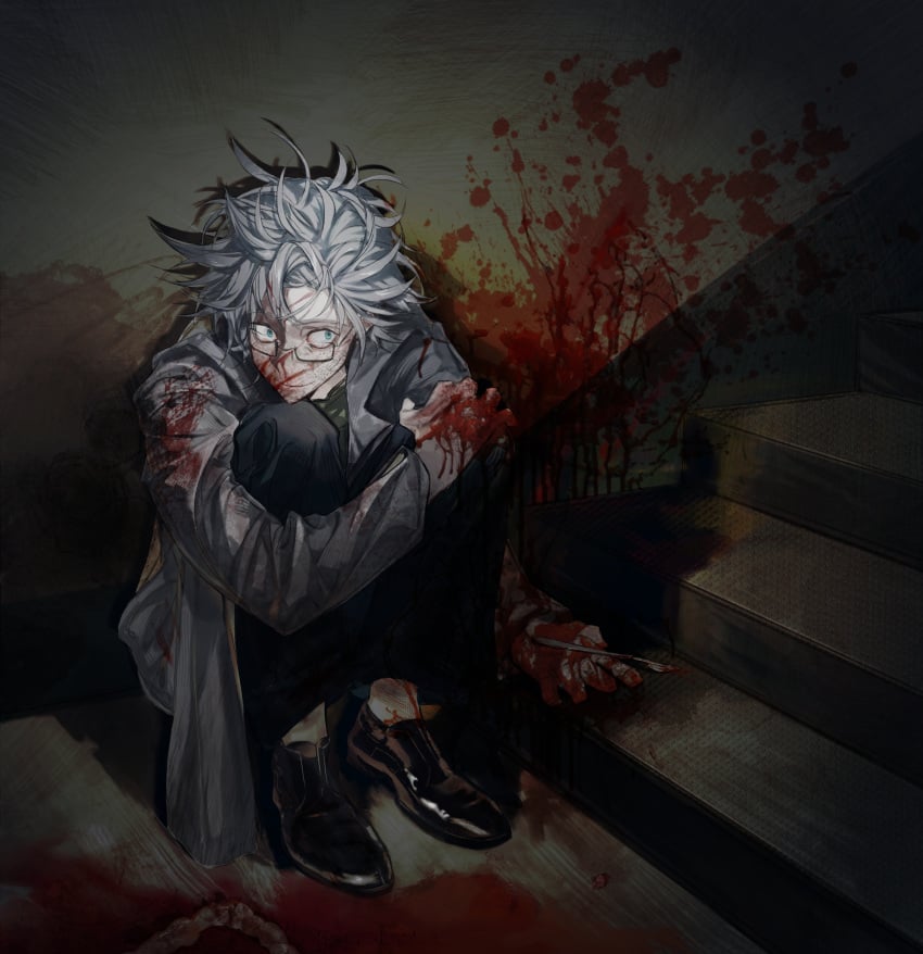 1boy absurdres aqua_eyes black_pants black_shoes blood blood_on_clothes blood_on_face blood_on_ground blood_on_hands blood_on_leg blood_on_wall blood_on_weapon c8h11o2n chinese_commentary closed_mouth coat commentary_request constricted_pupils full_body glasses green_shirt grey_coat grey_hair guro highres holding_scalpel indoors kanou_aogu long_sleeves male male_focus open_clothes open_coat pants rectangular_eyewear saibou_shinkyoku semi-rimless_eyewear shirt shoes short_hair sitting smile solo stairs weapon