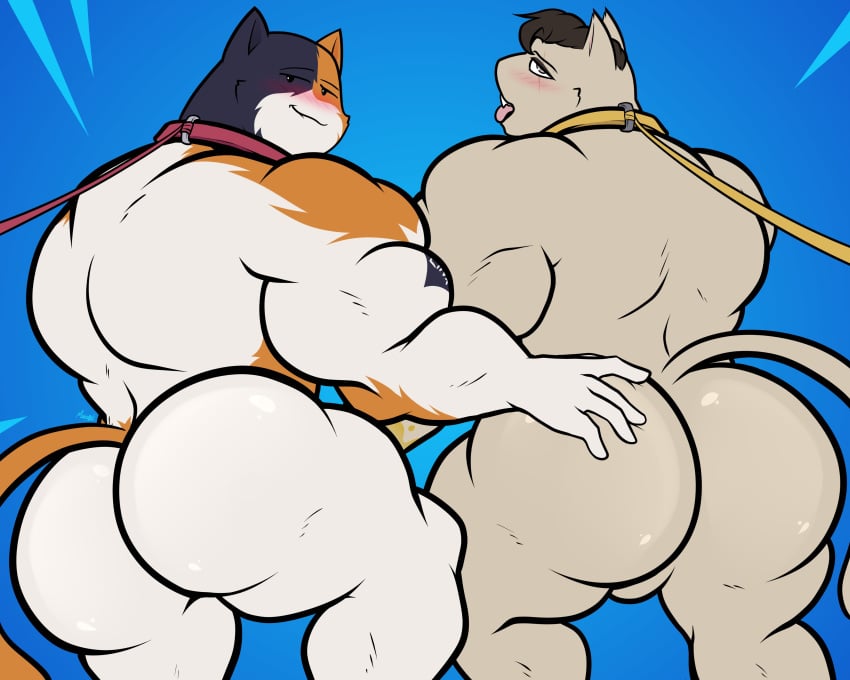 2025 5_fingers absurd_res anthro arm_tattoo ass backsack balls big_butt black_body black_fur black_hair blind_eye blue_background calico_cat cheek_tuft collar domestic_cat duo english_description epic_games eye_scar facial_scar facial_tuft fangs felid feline felis fingers fortnite fur genitals hair hand_on_butt hi_res leash leashed_collar looking_back looking_pleasured male male/male mammal mango_juicebara meowdas meowscles mouth_closed multicolored_body multicolored_fur muscular muscular_anthro muscular_arms muscular_male nude_anthro nude_male open_mouth orange_body orange_fur pink_collar pink_leash rear_view scar simple_background tail tattoo teeth tongue tongue_out tuft white_body white_fur yellow_collar yellow_leash