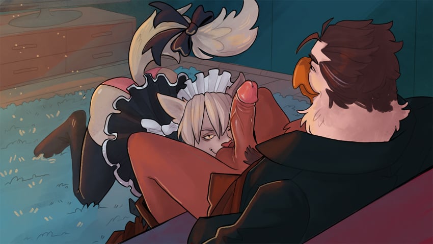 accipitrid accipitriform anthro avian ball_lick balls bird bow_ribbon clothed clothing domestic_cat duo eagle erection eye_contact felid feline felis femboy furlough_games furry_shades_of_gay genitals hi_res kneeling legwear licking living_room looking_at_another maid_uniform male male/male mammal maximus_(furlough_games) office_clothing oral panties partially_clothed qess-sie riley_(furlough_games) sex size_difference smaller_male stockings tongue underwear uniform