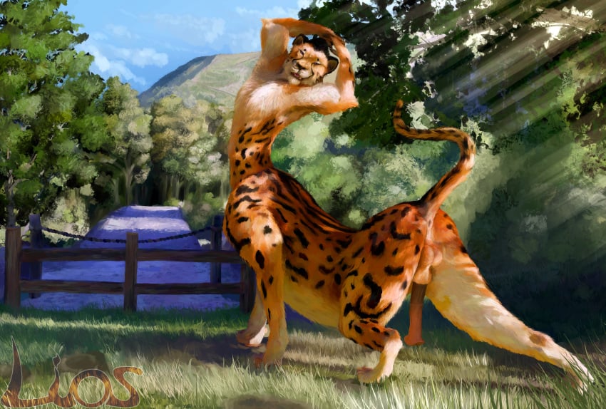 absurd_res animal_genitalia animal_penis anus balls black_hair cheetah cheetah_taur digital_media_(artwork) equine_genitalia equine_penis erection felid felid_taur feline feline_taur fur genitals hair hi_res hiking light light_beam liosoun male mammal mammal_taur nature nature_background nolow_(character) nude orange_body orange_fur penis raised_tail smile smiling_at_viewer solo stretching sunbeam sunlight tail taur