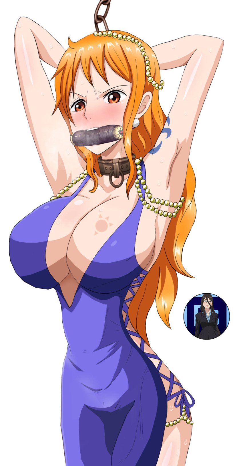 2d 2d_(artwork) arms_behind_head bdsm_gear big_breasts bit_gag blue_dress blush bondage bondage bondage_gear bound breasts cleavage collar dress female female_focus female_only gag gagged gagged_female kyabakurabakufu light-skinned_female light_skin long_hair nami_(one_piece) one_piece orange_hair slave_collar solo solo_female solo_focus tattoo tattooed_arm thick_thighs