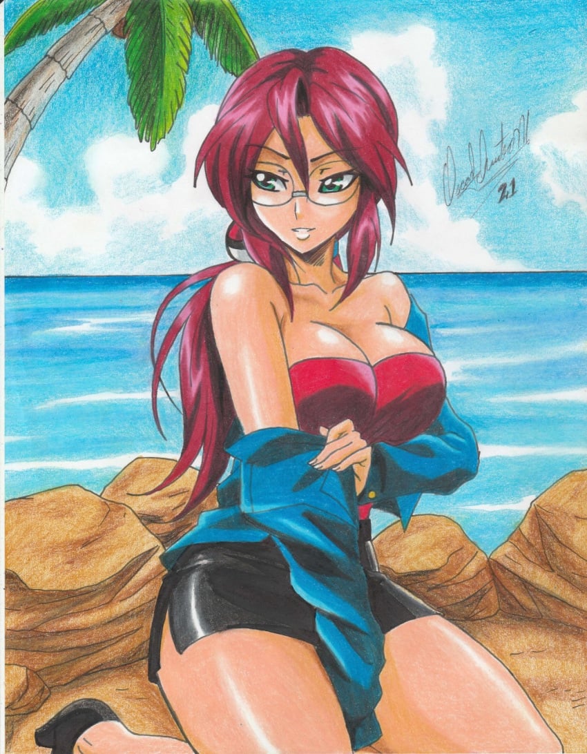 1girls 2021 bare_shoulders beach big_breasts elite_four fingernails glasses green_eyes jacket lorelei_(pokemon) lorelei_(pokemon_anime) nintendo pencil_(artwork) pink_hair pokemon pokemon_rgby ravern_clouk red_hair solo solo_female tagme thick_thighs thighs undressing