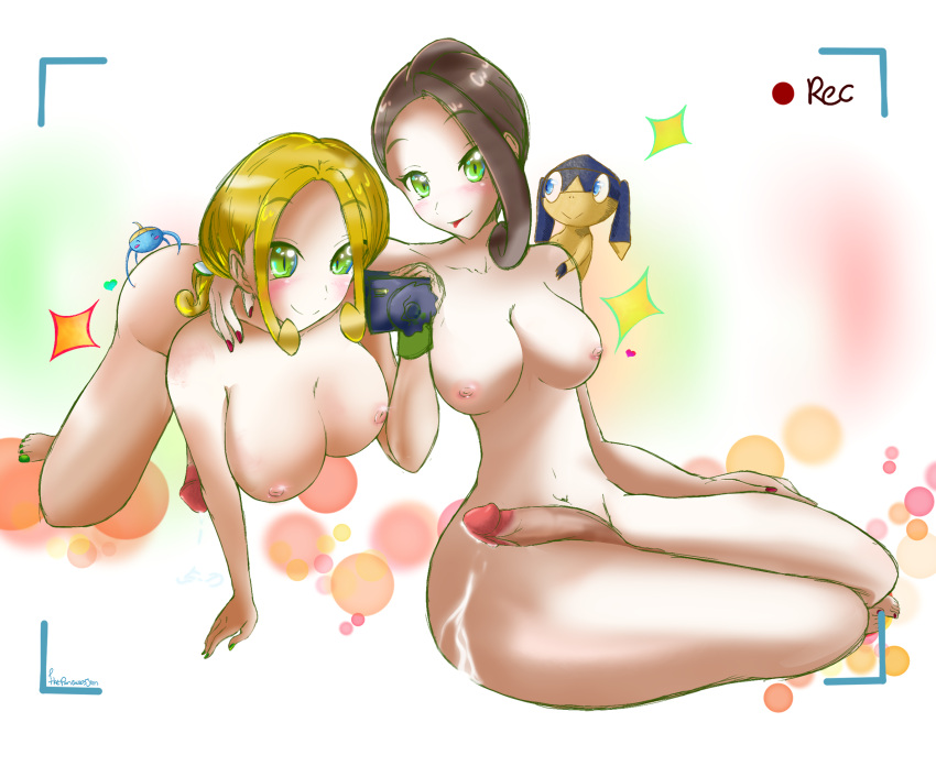 2futas alexa_(pokemon) arm_over_shoulder bending_forward bending_over big_breasts blonde_hair blush breasts brown_hair camera camera_view completely_nude cum erection flatpancakes futanari grass green_eyes helioptile large_breasts large_penis leaning_forward looking_at_viewer nipples pokemon pokemon_xy precum sitting surskit thick_thighs viola_(pokemon)