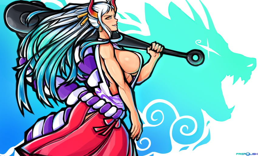 1girls big_breasts blue_hair breasts brown_eyes buff clothed clothing curvy demon ear_piercing earrings female female_focus female_only fit frealish gradient_hair hakama hi_res highres hoop_earrings horned_humanoid horns huge_breasts humanoid light-skinned_female light_skin long_hair multicolored_hair one_piece oni oni_horns revealing_clothes sideboob simple_background smirk solo two_tone_hair white_hair wide_hips yamato_(one_piece) yokai