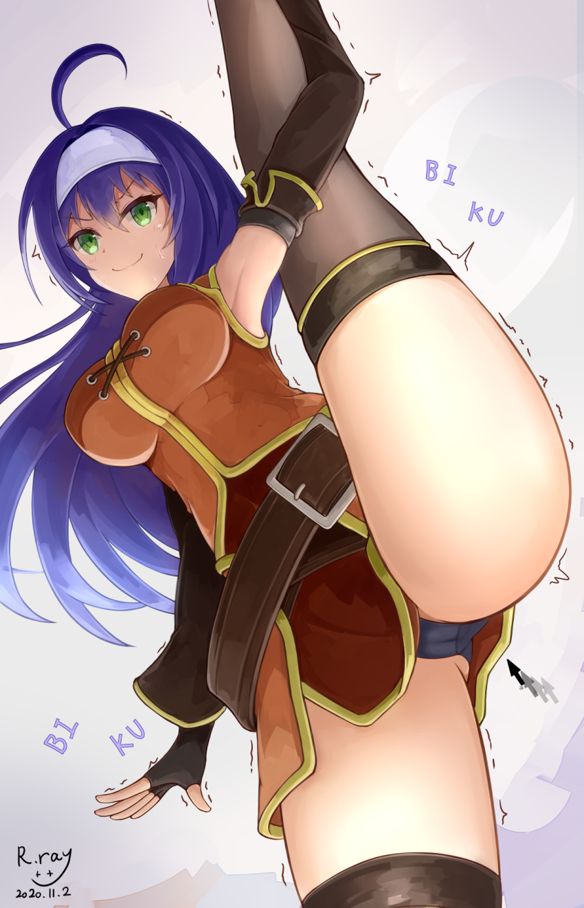 1girls armpits ass bare_thighs black_panties breasts cursor elbow_gloves fingerless_gloves fire_emblem fire_emblem:_path_of_radiance from_below gloves green_eyes long_hair looking_at_viewer looking_down medium_breasts mia_(fire_emblem) nervous nintendo panties pantyshot pantyshot_(standing) pelvic_curtain purple_hair raised_leg ryuusaki_rei shivering smile solo splits sweat thighhighs thighs trembling upskirt vertical_splits