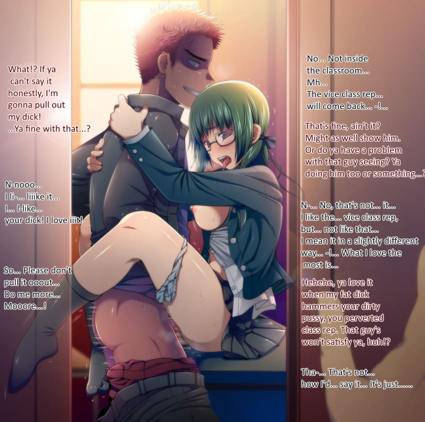 1boy 1girls ass being_watched big_breasts blush bottomless caught cheating classroom clenched_teeth clothed clothed_female clothed_sex clothing commentary duo earring earrings english_text female femsub footwear futase_hikaru glasses green_hair grin hard_translated held_up human jewelry leg_grab leg_lock light-skinned_female light_skin male maledom netorare no_bra open_clothes open_mouth open_shirt original pale_skin panties panties_around_leg panties_around_one_leg partially_clothed penetration penis piercing purple_eyes red_hair ribbon saliva school school_uniform sex shirt side_view skirt smile socks standing straight teeth text text_focus tongue tongue_out translated uncensored underwear vaginal_penetration