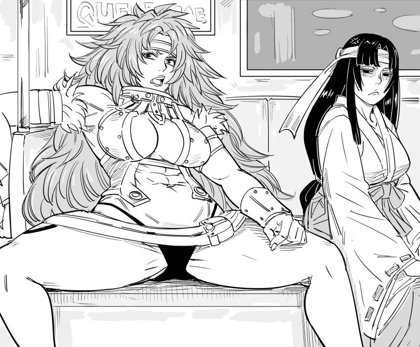 2girls :< anger_vein bb_(baalbuddy) black_and_white female female_only headband hi_res manspreading muscular muscular_female public_transportation queen's_blade risty subway_train tagme tomoe_(queen's_blade) train