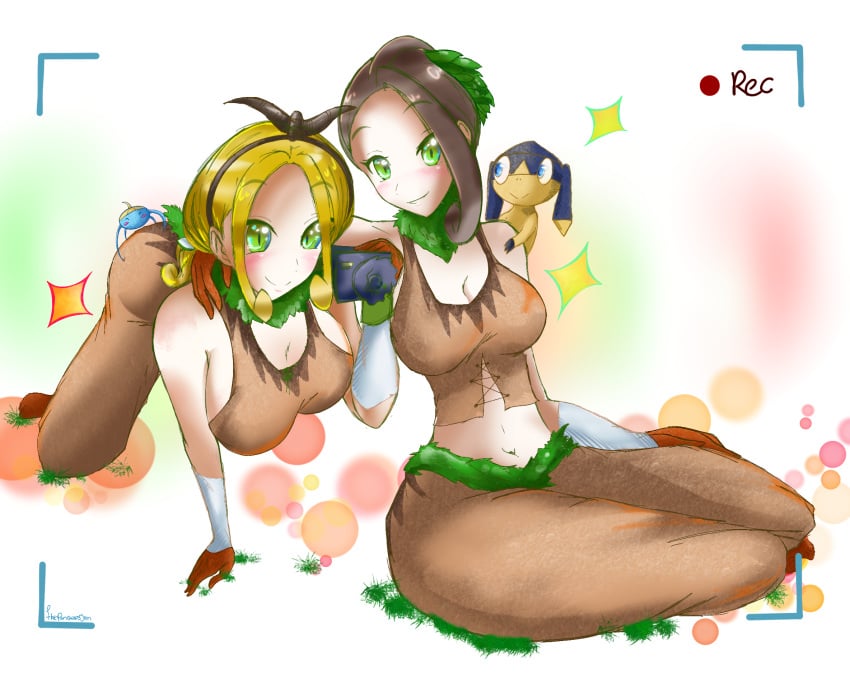 2girls alexa_(pokemon) arm_over_shoulder bending_forward bending_over big_breasts blonde_hair blush brown_hair camera camera_view cosplay flatpancakes gogoat gogoat_(cosplay) grass green_eyes helioptile large_breasts leaning_forward looking_at_viewer pokemon pokemon_(cosplay) pokemon_xy sitting surskit thick_thighs viola_(pokemon)