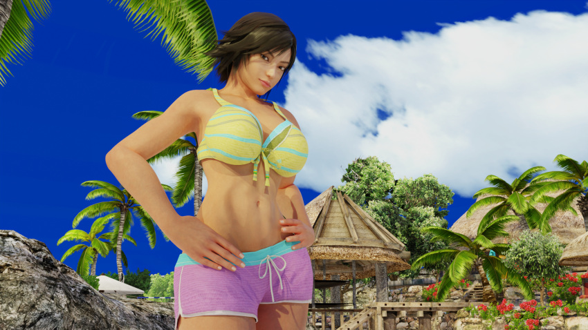 1girls 3d big_breasts breasts brown_hair crazy978 dead_or_alive female female_only fit_female front-tie_bra fully_clothed kazama_asuka looking_at_viewer midriff navel short_hair shorts smile solo solo_female tekken tekken_7 video_games