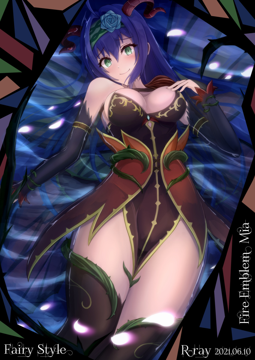 1girls alternate_costume bare_shoulders bare_thighs breasts cleavage detached_sleeves fire_emblem fire_emblem:_path_of_radiance fire_emblem:_radiant_dawn from_below green_eyes inner_thighs long_hair long_sleeves looking_at_viewer looking_down medium_breasts mia_(fire_emblem) nintendo pelvic_curtain purple_hair ryuusaki_rei smile solo thighhighs thighs