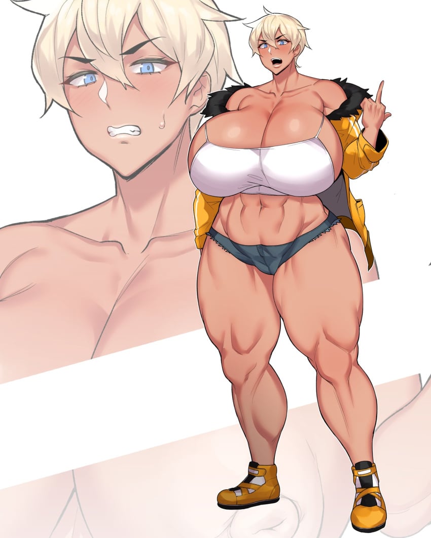 abs big_breasts blonde_hair blue_eyes denim_shorts gyaru huge_breasts looking_at_viewer mature_female middle_finger milf musclegut muscular_female natedecock original short_hair short_shorts shorts shouko_(natedecock) sweatdrop tan_skin tank_top tanned_skin thick_thighs venus_body very_short_hair