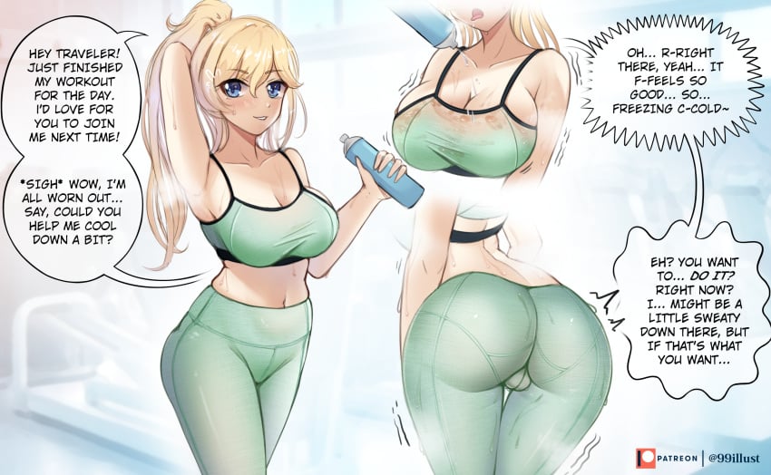 1girls 99illust ass big_ass big_breasts big_butt blonde_hair blue_eyes blush breasts dialogue eye_contact female genshin_impact jean_gunnhildr large_breasts leggings looking_at_viewer pantylines speech_bubble sweat text thick_ass thick_thighs thighs yoga_pants