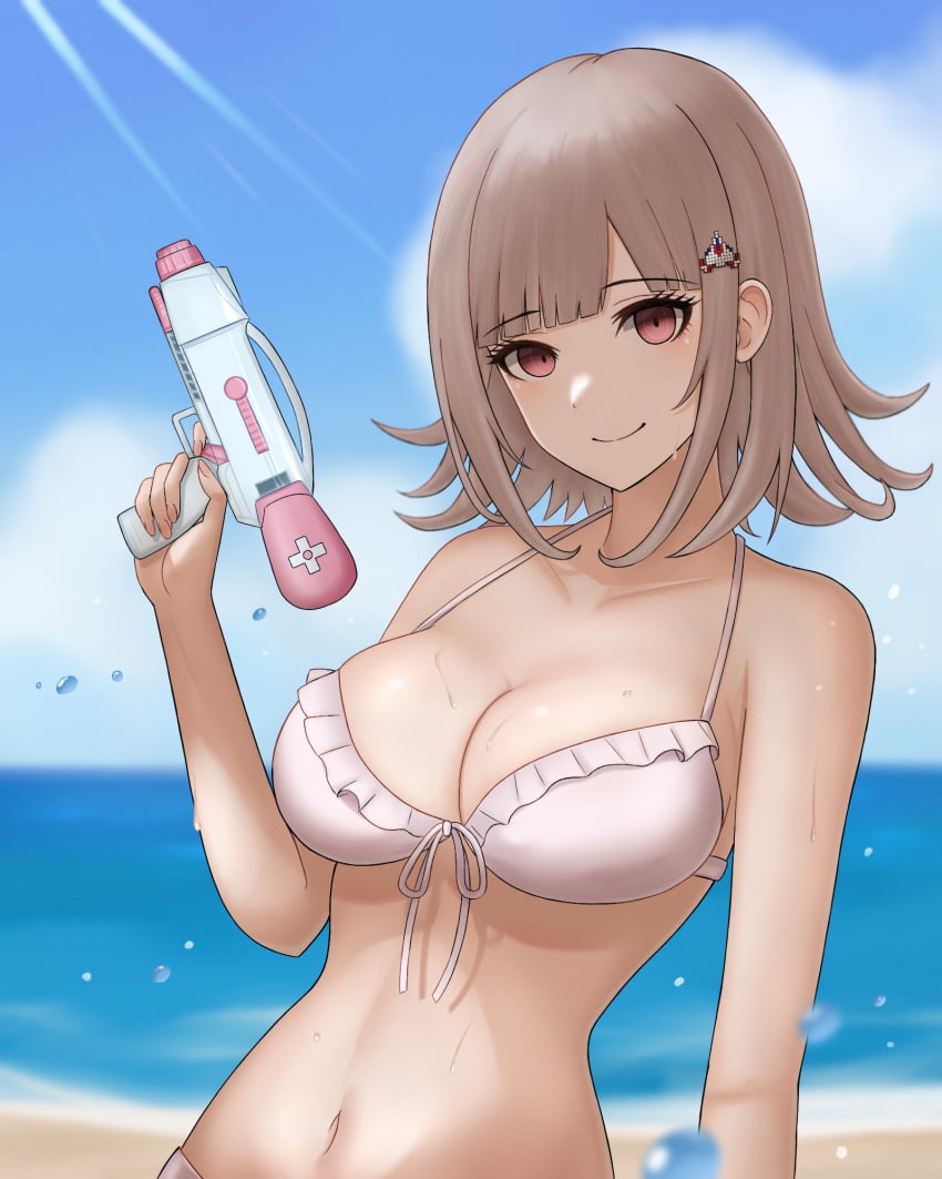 1girls adorable bangs bare_arms bare_midriff bare_shoulders beach belly big_breasts bikini bikini_top blue_sky breasts busty cleavage close-up cute cute_but_busty danganronpa danganronpa_2:_goodbye_despair danganronpa_3 danganronpa_s:_ultimate_summer_camp female female_only frills front-tie_bikini front-tie_top front_view hair_ornament hourglass_figure huge_breasts human human_only large_breasts light-skinned_female light_skin looking_at_viewer midriff nanami_chiaki navel ocean red_eyes sea seaside short_hair shortstack sky smile smiling smiling_at_viewer soft soft_breasts solo solo_female stomach straight_hair sunny super_danganronpa_2 swimsuit upper_body voluptuous voluptuous_female water wet white_bikini white_bikini_top white_swimsuit wholesome